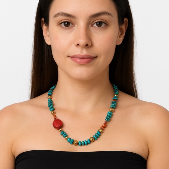 Vintage 26” Red Coral & Turquoise Nugget Necklace with Brass Beads Southwestern - Picture 9 of 9